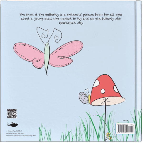 Back Cover with Whimsical illustrations by CJ the Kid from The Snail & The Butterfly Children's Book